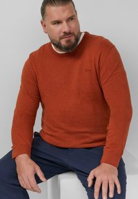Man met een baard, gekleed in een roestkleurige trui en donkerblauwe broek, zittend op een wit blok en naar de zijkant kijkend tegen een effen lichtgrijze achtergrond.