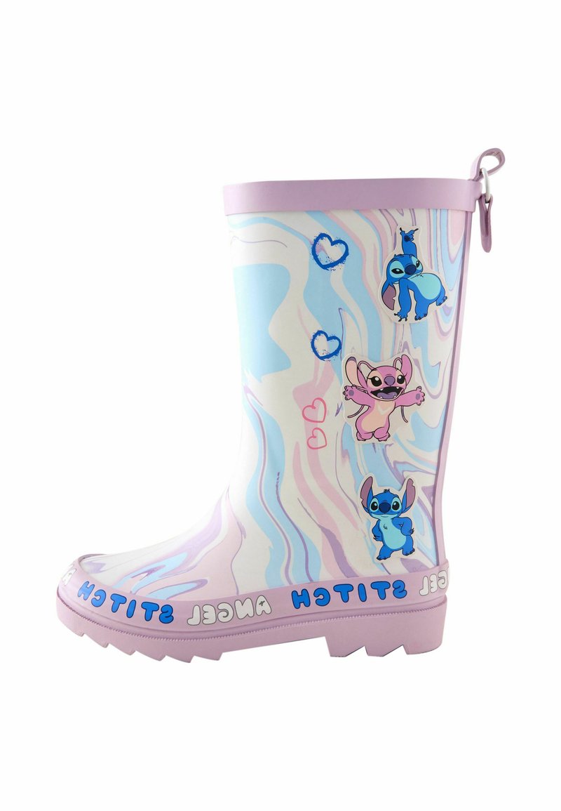 Stivale da pioggia in gomma colorato con un design marmorizzato pastello, caratterizzato da personaggi dei cartoni animati Stitch e cuori. Accenti bianchi e rosa chiaro.