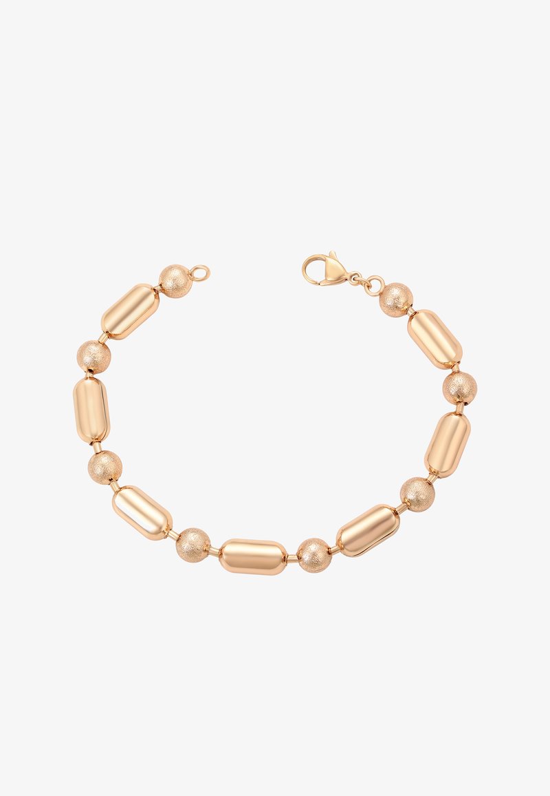 Rózsaarany karkötő váltakozó hosszúkás és kerek texturált gyöngyökkel, kagylókapoccsal záródik. Simává és csillogóvá varázsolt végeredménnyel.