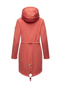 Coral waterproof coat with a quilted hood, long sleeves, drawstring waist, and adjustable cuffs. Features a rear vent for breathability.