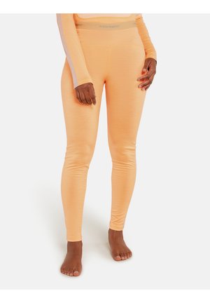 Leggings arancioni realizzati in un tessuto morbido e elastico. Vita alta con dettagli grigi, design aderente e texture liscia.