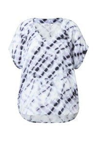 Top a manica corta con scollatura a V in tessuto leggero, caratterizzato da un motivo tie-dye in sfumature di nero e bianco, orlo curvo e vestibilità comoda.