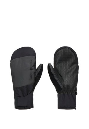 Een paar zwarte en donkergrijze geïsoleerde wanten, één toont de achterkant met een merklogo en de andere toont de getextureerde grip aan de handpalmzijde.