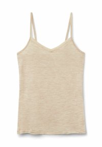 Beige ärmelloses Damen-Tanktop mit dünnen Trägern und einem dezenten V-Ausschnitt, auf einem weißen Hintergrund präsentiert.