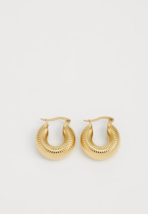 Gold-tone hoop earrings with ribbed texture and a rounded shape, featuring a secure hook fastening.