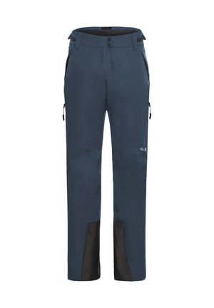 Pantaloni da trekking navy realizzati in materiale resistente all'acqua. Presentano due tasche laterali, accenti neri nella parte inferiore delle gambe e chiusura con bottone.