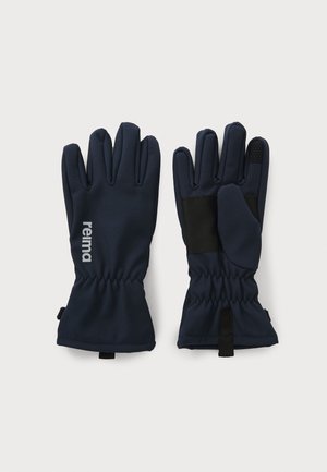 Guanti blu navy realizzati in materiale morbido, con una texture antiscivolo sul pollice, polsini elasticizzati e un logo stampato di lato.