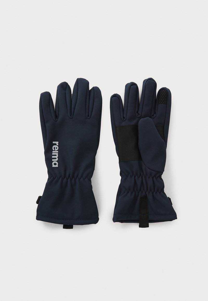Gants bleu marine en matériau doux, dotés d'une prise texturée sur le pouce, de poignets élastiques, et d'un logo imprimé sur le côté.