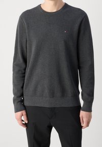 Maglione girocollo grigio scuro con texture, maniche lunghe, polsini e orlo a coste. Piccolo logo in evidenza sul petto. Adatto per un look informale.