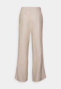 Beige linnebyxor med vida ben, platt midja, två bakfickor och en mjuk textur, designade för komfort och lättbärbarhet.