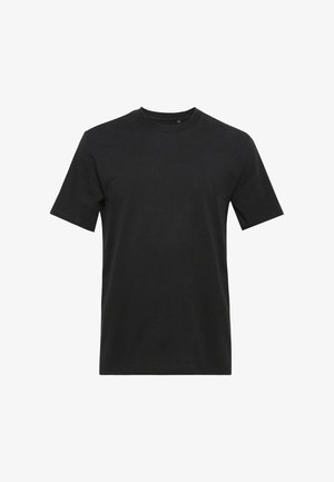T-shirt nera a maniche corte in cotone. Design classico girocollo, texture liscia e orlo dritto. Stile semplice e versatile.