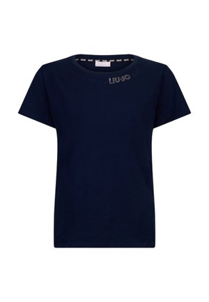 T-shirt blu navy a maniche corte con collo tondo, caratterizzata dal logo "LIU JO" in piccoli strass sul colletto anteriore.
