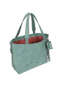 Sac fourre-tout turquoise clair avec une finition texturée. Comprend des poignées doubles, un intérieur à pois roses, et un accent porte-clés assorti.