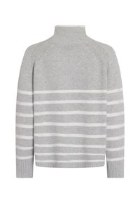 Gray turtleneck sweater featuring horizontal white stripes, ribbed cuffs and hem, soft texture, and raglan sleeves.