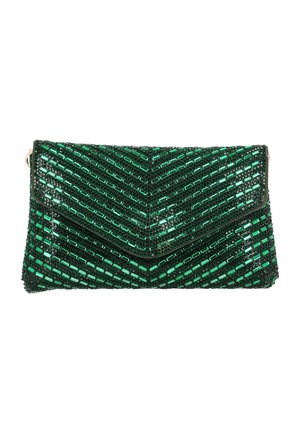 Geantă clutch verde dreptunghiulară cu model chevron realizat din mărgele mici și paiete, cu un capac în formă ascuțită.