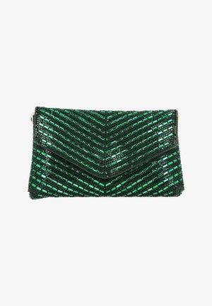Rechthoekige groene clutch met chevronpatroon van kleine kralen en pailletten, voorzien van een puntige klepsluiting.