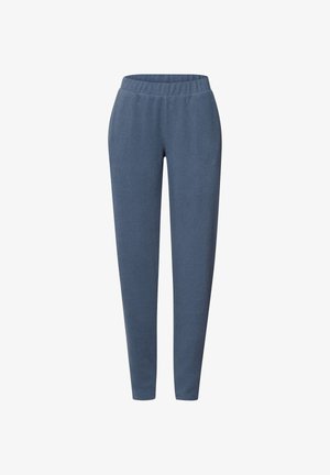 Modré joggingové kalhoty z měkkého materiálu, s elastickým pasem a zúženými nohavicemi, bez viditelných ozdob nebo kapes.