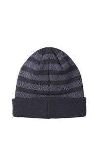 Gebreide beanie in donkergrijs met lichtgrijze horizontale strepen. Bevat een omgeslagen rand en een gestructureerde afwerking.