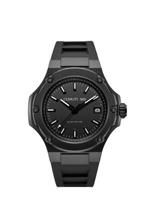 Orologio da polso nero Cerruti 1881 con quadrante rotondo, indicatori delle ore bianchi, datario alle 3 e cinturino in gomma nero, che segna le 10:10:38.