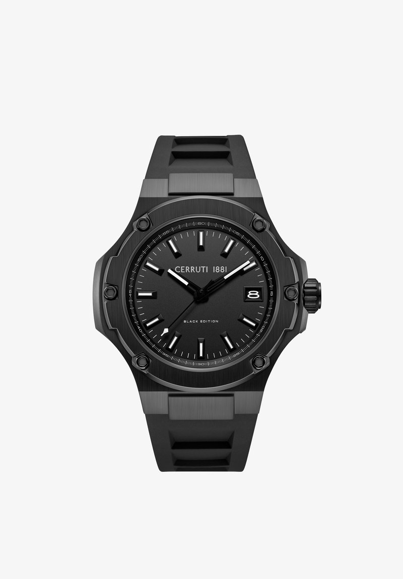 Montre-bracelet noire Cerruti 1881 avec cadran rond, index blancs, affichage de la date à 3 heures et bracelet en caoutchouc noir, indiquant l'heure 10:10:38.