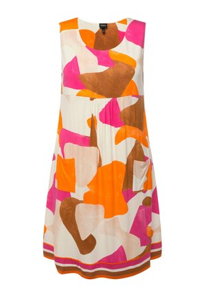 Sleeveless dress in lightweight fabric with a white background and bold abstract patterns in pink, orange, brown, and cream. Features a pocket.