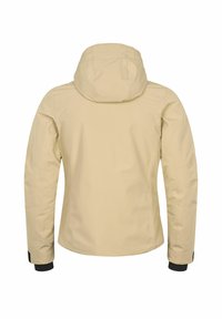 Beige Kapuzenjacke mit langen Ärmeln, schwarzen verstellbaren Manschetten und einem glatten, aerodynamischen Rückendesign.