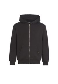 Zwarte hoodie met ritssluiting, gemaakt van zacht materiaal, voorzien van een voorste kangoeroezak, capuchon met trekkoord en geribbelde manchetten. Geen patronen of logo's zichtbaar.