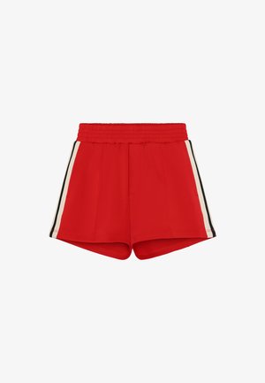 Rode sportieve korte broek met een elastische tailleband, voorzien van strepen aan de zijkant in crème en zwart. Gladde stof en een comfortabele, losse pasvorm.