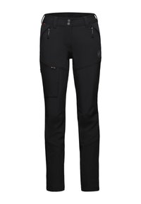 Svarta softshell-byxor med en figurnära design, som har flera fickor med dragkedja, en slät textur och kontrasterande sömnadsdetaljer.