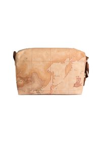 Borsa cosmetica stampata color beige con chiusura a zip. Presenta dettagli marroni e un design nautico, evidenziando mappe storiche e particolari.