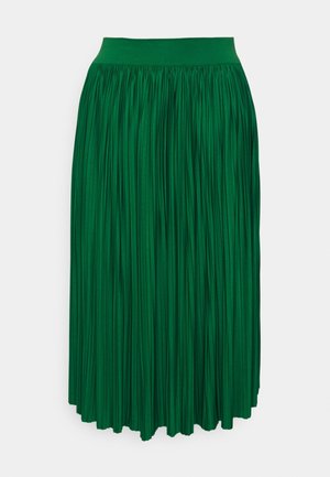 Jupe midi plissée verte taille haute avec une ceinture ajustée et des plis fluides.