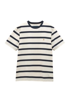 Hvid kortærmet T-shirt med horisontale marineblå striber og et lille broderet orange logo på venstre bryst.