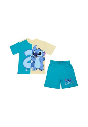 Ensemble deux pièces pour enfants avec T-shirt bleu et crème avec le personnage animé Stitch et short bleu assorti avec motif Stitch.