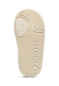 Sola in gomma beige con battistrada a zigzag, contrassegno di taglia 19, scanalatura curva e nome del marchio "Falcotto" impresso verticalmente.