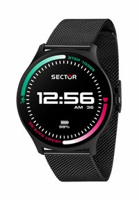 Orologio smart nero con quadrante rotondo che mostra l'ora, i passi, il livello della batteria e la frequenza cardiaca. Presenta un cinturino in rete nera testurizzata e indicatori colorati.