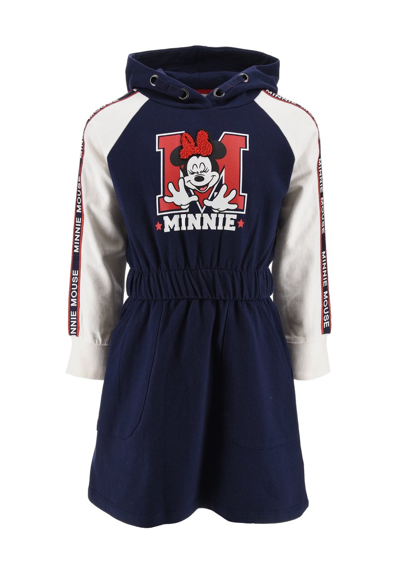 Abito con cappuccio blu navy con lunghe maniche bianche, caratterizzato da una grafica di Minnie Mouse rossa e una vita elasticizzata. Include tasche laterali.