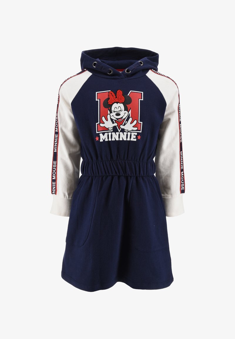 Dunkelblaues Kapuzenkleid mit langen weißen Ärmeln, ausgestattet mit einem roten Minnie Mouse Grafik und einem elastischen Taillenbund. Inklusive seitlichen Taschen.