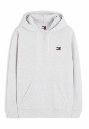 Jasnoszara bluza z kapturem, przednią kieszenią i małym prostokątnym logo Tommy Jeans na piersi.