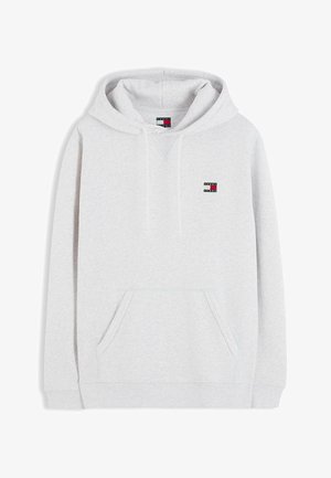 Jasnoszara bluza z kapturem, przednią kieszenią i małym prostokątnym logo Tommy Jeans na piersi.