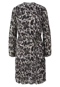 Leopardenmuster-Kleid in Schwarz und Grau, mit langen Ärmeln, einem plissierten Stoff, einer taillierten Taille mit Bindegürtel und einem schichtweisen Rock.