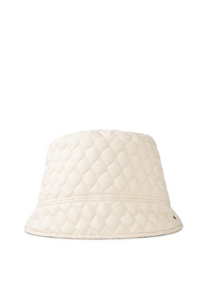 Chapeau seau en crème matelassée avec un large bord, présentant un motif en diamant texturé et un discret logo sur le côté. Confection en tissu doux.