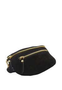 Sac en daim noir avec deux poches zippées dorées, de forme incurvée et accents en cuir. Texture lisse avec des éléments de design minimalistes.