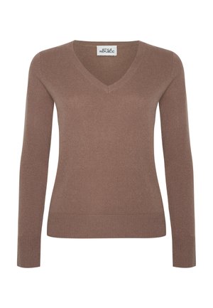 Brauner langärmliger V-Ausschnitt-Pullover mit gerippten Bündchen und Saum, einfache Strickstruktur, Style Republic Etikett im Kragen.