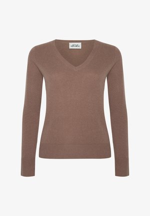 Brauner langärmliger V-Ausschnitt-Pullover mit gerippten Bündchen und Saum, einfache Strickstruktur, Style Republic Etikett im Kragen.
