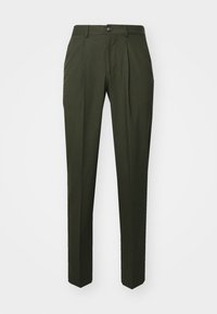 Pantalons vert foncé avec une coupe ajustée, présentant des plis à l'avant, une fermeture à bouton et des jambes droites et effilées. Texture de tissu lisse.
