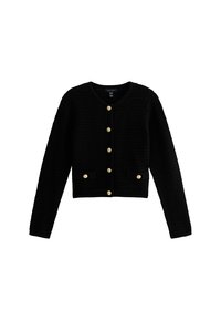 Cardigan court noir en tissu texturé, avec des manches longues, un col rond, des boutons dorés et des poches avant.