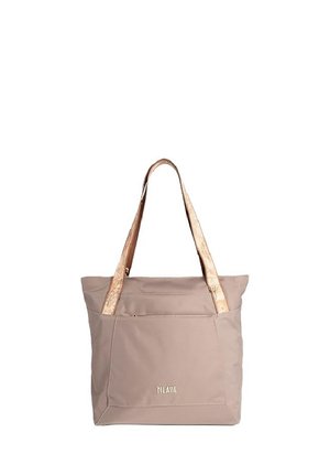 Borsa tote beige con manici dorati e testurizzati, tasca frontale con zip e piccolo logo dorato con la scritta "1A CLASSE" sul pannello frontale inferiore.