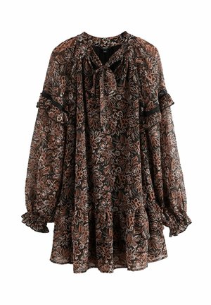 Black floral dress with sheer fabric, long sleeves, ruffled cuffs, and a tie neck. Features a tiered hem with rust-colored floral patterns.