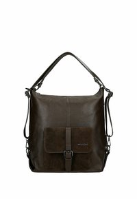 Hnědá kožená taška přes rameno s texturovaným povrchem, obsahující přední kapsu na klopu zajištěnou přezkou a nastavitelný popruh.