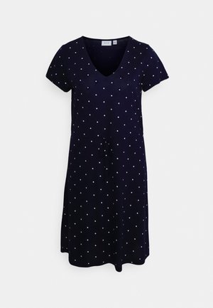 Vestido de marinha com mangas curtas, decote em V e bolinhas brancas. Apresenta um cordão na cintura e uma saia em linha A fluida.